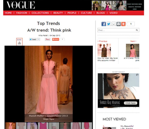 Manish Malhotra, Pink, a/w 13, trend, Vogue India, Blush, Magenta, Rose, Gold, Fashion, Zara, Pernia Qureshi, Pernias Pop Up shop, Zara India, Lakme Fashion week, Simone Rocha