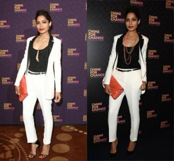 Frieda Pinto, slumdog millionaire, fashion, gucci, chime for change, bollywood, pant suit, white suit, monochrome